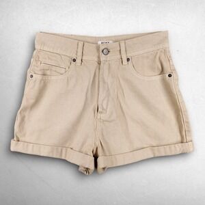 Roxy High Rise Cuffed Hem 5-Pocket Cotton Shorts Women 27 Beige Beach Surfer VTG